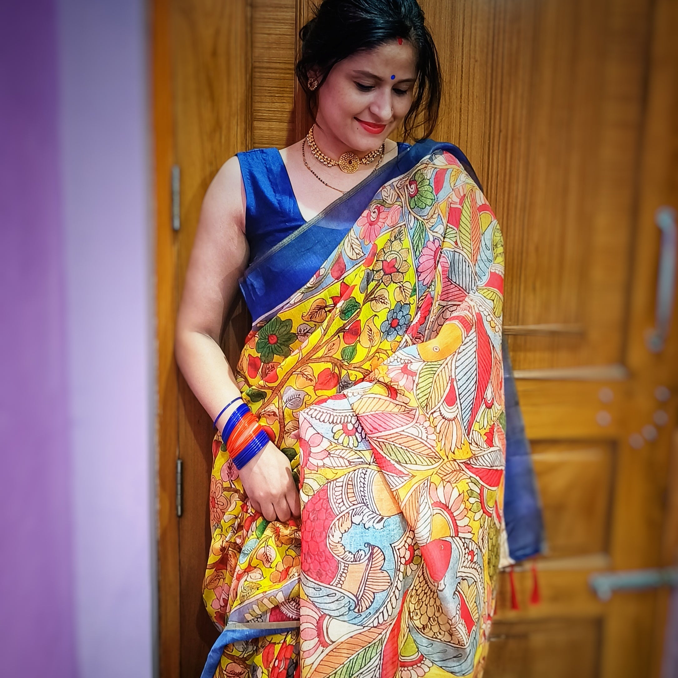 Mangalagiri Plain Silk Sarees With Kalamkari Blouse - YouTube