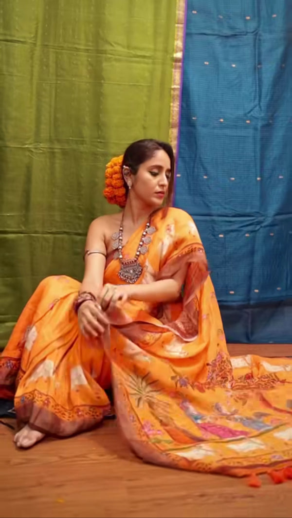 Orange Linen Handloom Digital Printed Saree