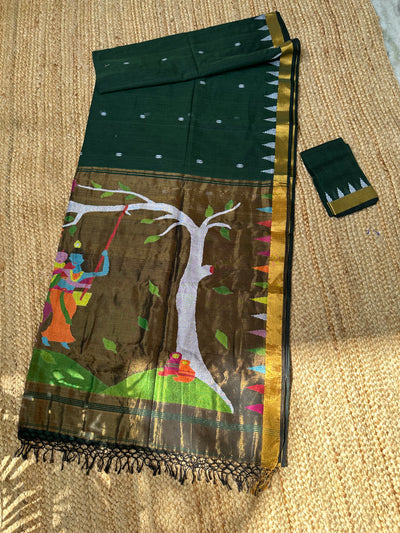 Dark Green Handloom Cotton Saree with Zari Jamdani figures pallu