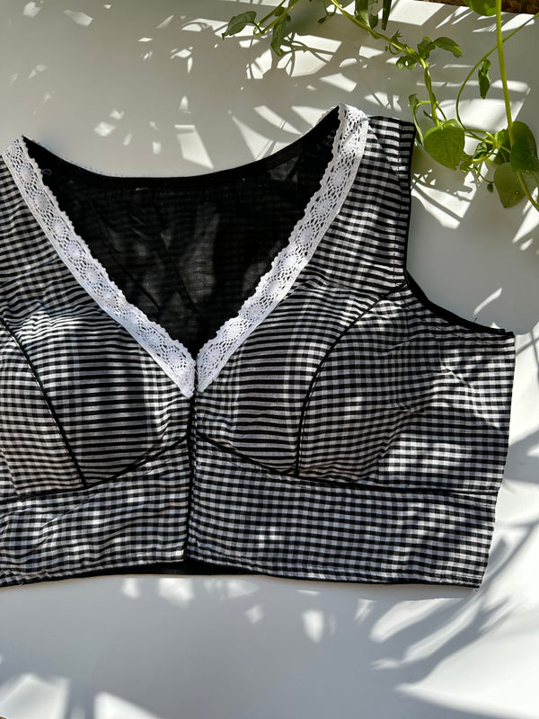 Handloom Gamcha Cotton Sleeveless Lace Work checks Blouse (Black)