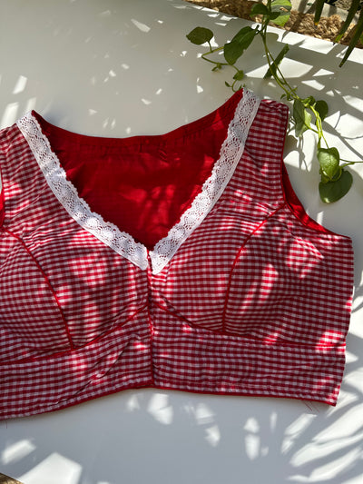 Handloom Gamcha Cotton Sleeveless Lace Work checks Blouse (Red)