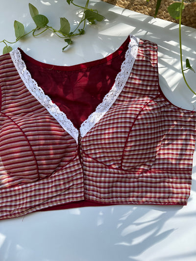 Handloom Gamcha Cotton Sleeveless Lace Work checks Blouse (Maroon)