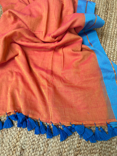 Plain Cotton Handloom Saree- Peach Blue