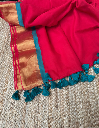 Plain Cotton Handloom Saree-Red Green