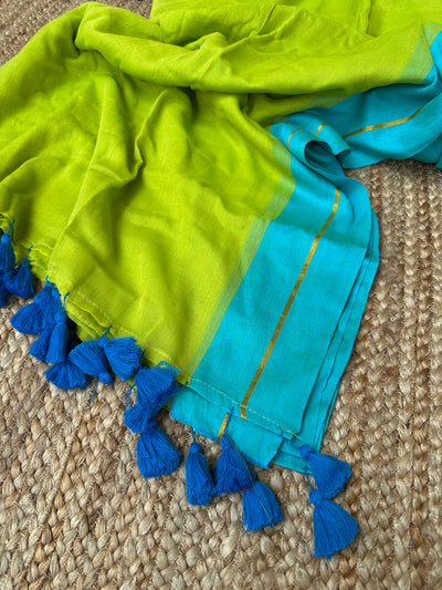 Plain Cotton Handloom Saree-Green Skyblue