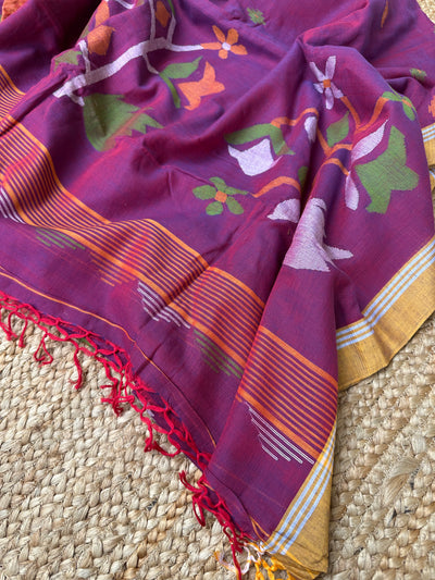 Purple Maroon dual tone Cotton Handloom Jamdani Saree