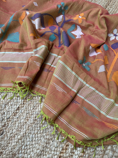 Mustard Maroon dual tone Cotton Handloom Jamdani Saree