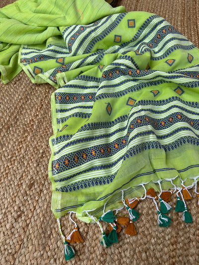 Neon Green Cotton Handloom Jamdani Saree