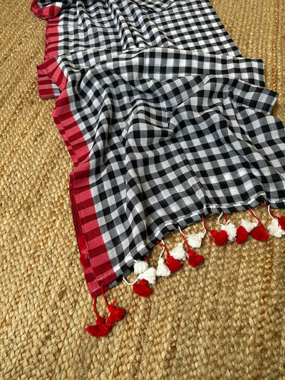 Cotton Handloom check saree Black White with Red Borders