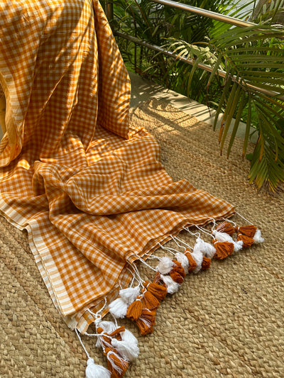 Orangish Mustard Cotton Handloom check saree