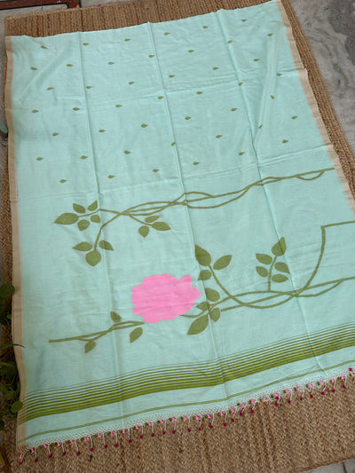 Light Green Handloom Pure Cotton Jamdani Jaal Tassles Saree