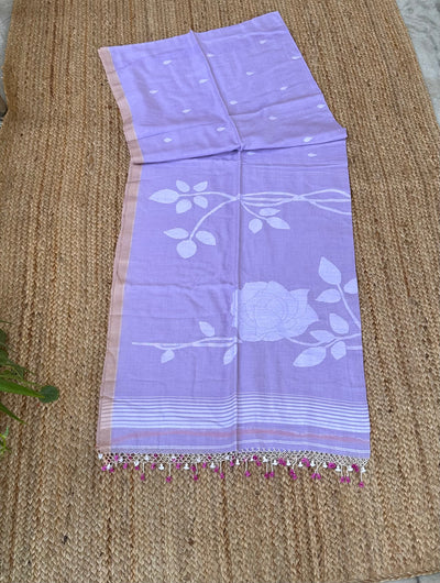 Lilac Handloom Pure Cotton Jamdani Jaal Tassles Saree