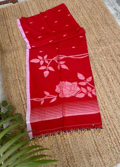 Red Handloom Pure Cotton Jamdani Jaal Tassles Saree