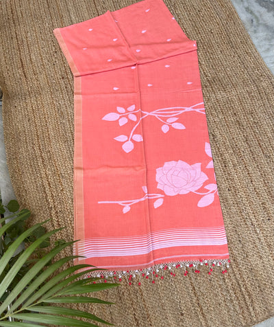 Peach Handloom Pure Cotton Jamdani Jaal Tassles Saree