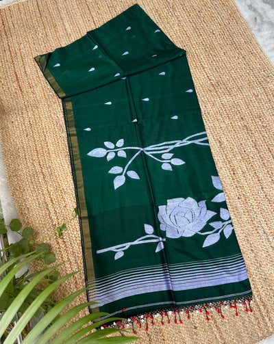 Green Handloom Pure Cotton Jamdani Jaal Tassles Saree
