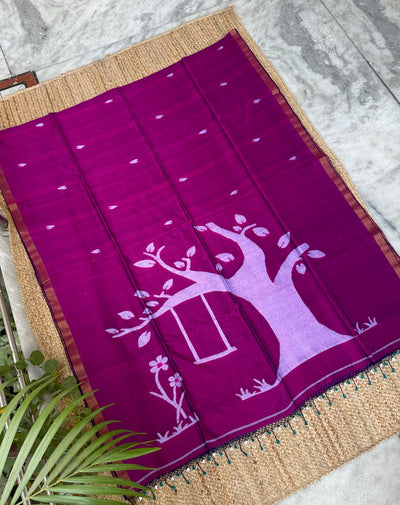 Purple Handloom Pure Cotton Jamdani Jaal Tassles Saree