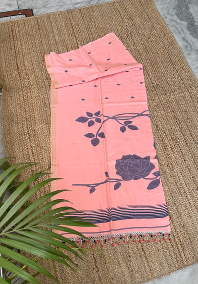 Peach Black Handloom Pure Cotton Jamdani Jaal Tassles Saree