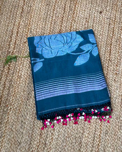 Rama Green Handloom Pure Cotton Jamdani Jaal Tassles Saree