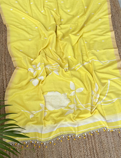 Light Yellow Handloom Pure Cotton Jamdani Jaal Tassles Saree