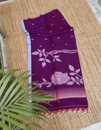 Purple Handloom Pure Cotton Jamdani Jaal Tassles Saree