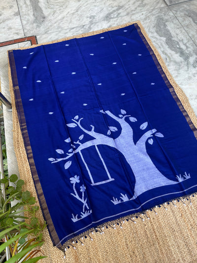 Blue Handloom Pure Cotton Jamdani Jaal Tassles Saree