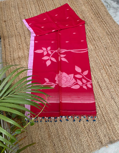 Pink Handloom Pure Cotton Jamdani Jaal Tassles Saree