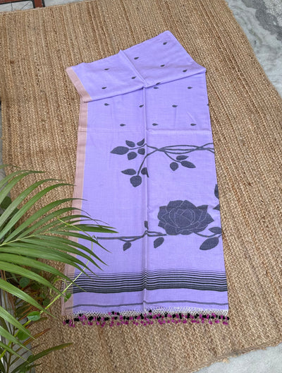 Light Purple Handloom Pure Cotton Jamdani Jaal Tassles Saree