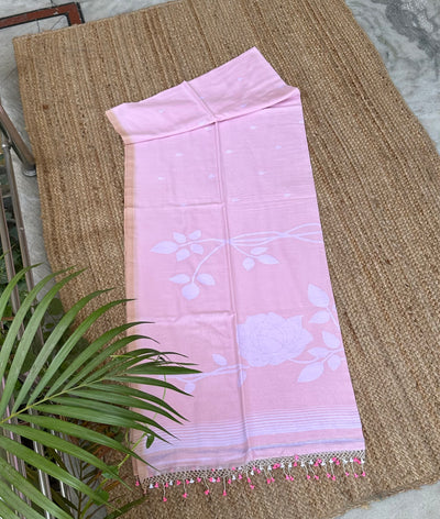 Light Peach Handloom Pure Cotton Jamdani Jaal Tassles Saree
