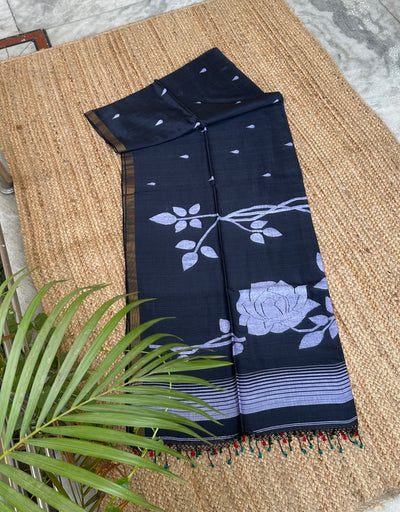 Grey Handloom Pure Cotton Jamdani Jaal Tassles Saree