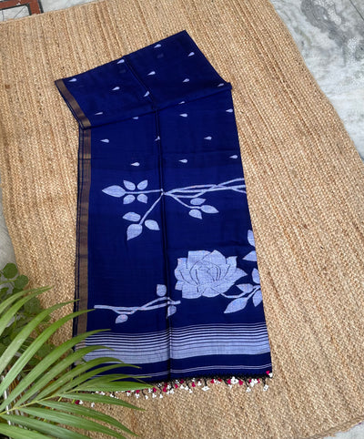Blue Handloom Pure Cotton Jamdani Jaal Tassles Saree