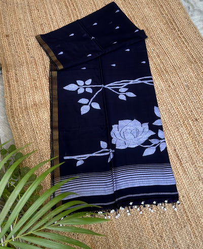 Navy Blue Handloom Pure Cotton Jamdani Jaal Tassles Saree