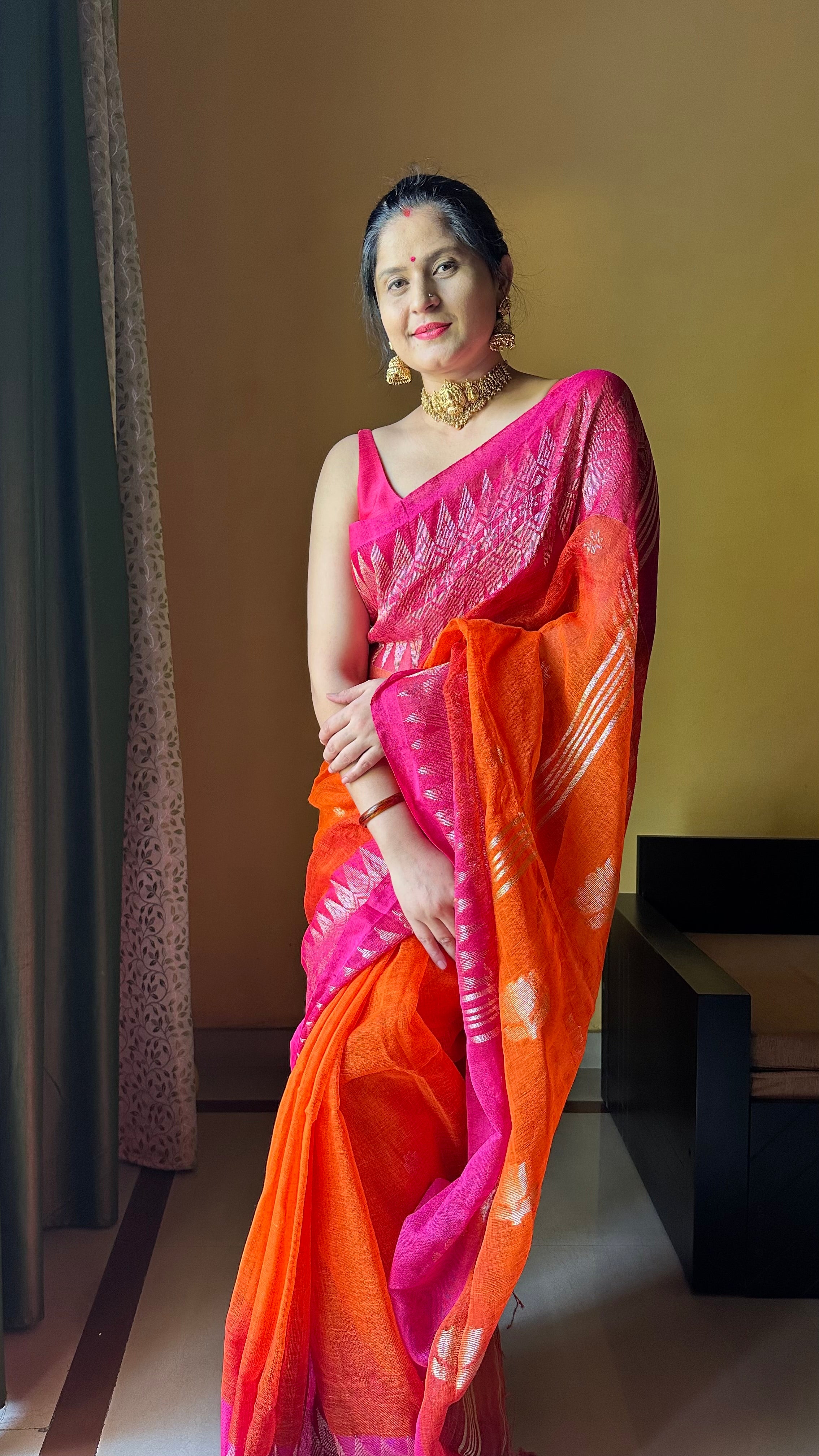 Buy online Women Pink & Orange Sequin Work Bordered Saree With Blouse from  ethnic wear for Women by Kalista for ₹1819 at 75% off | 2024 Limeroad.com