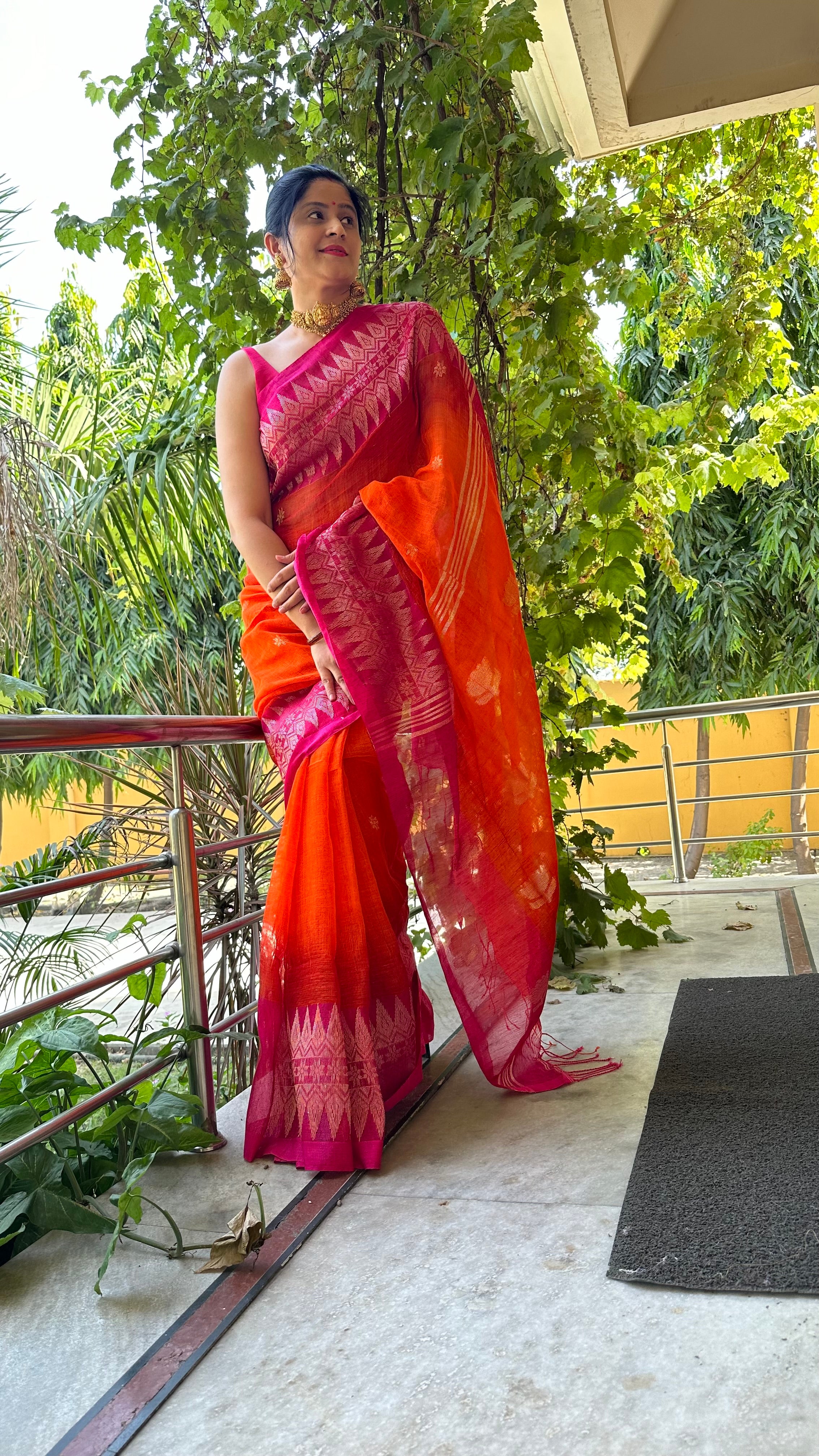 Stunning Kalamkari Grey and Orange Kanjivaram Silk Saree with Blouse - ViBha