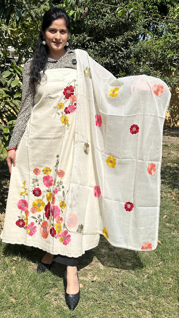 OffWhite Pure Cotton Multicolour Floral Embroidered Suit