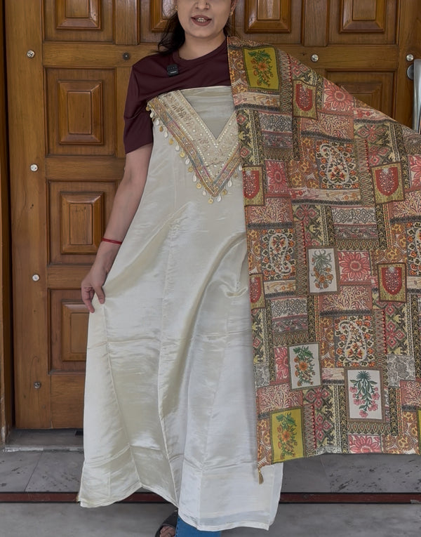 Shimmer Cream Suit with Printed Dupatta