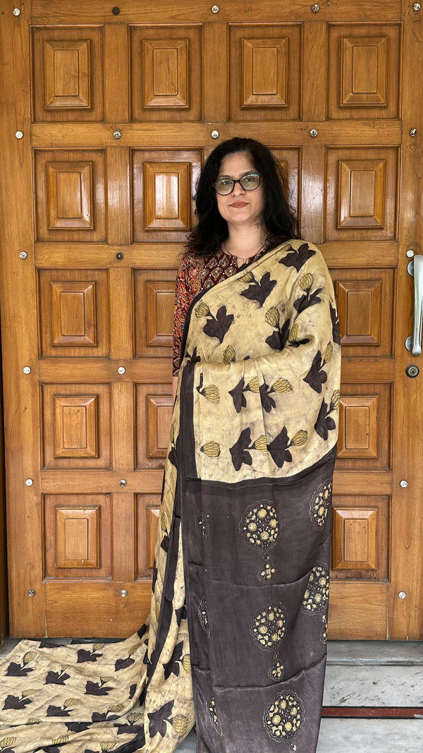 Muddy Brown Modal Silk Handblock Saree