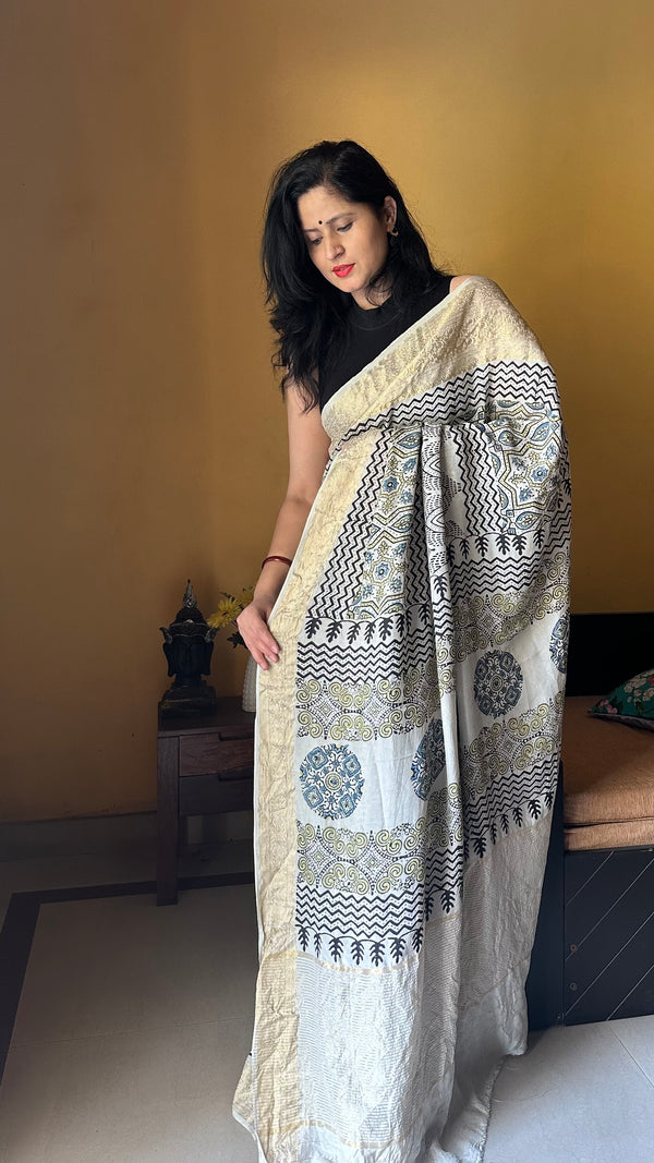 Ivory Ajrakh Dola Silk Saree #1