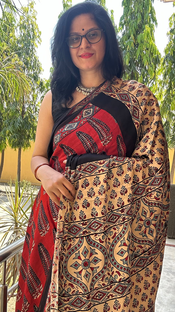 Red Ivory Ajrakh Modal Silk Saree