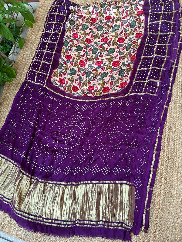 Purple Kalamkari Bandhani Gharchola Fusion Saree