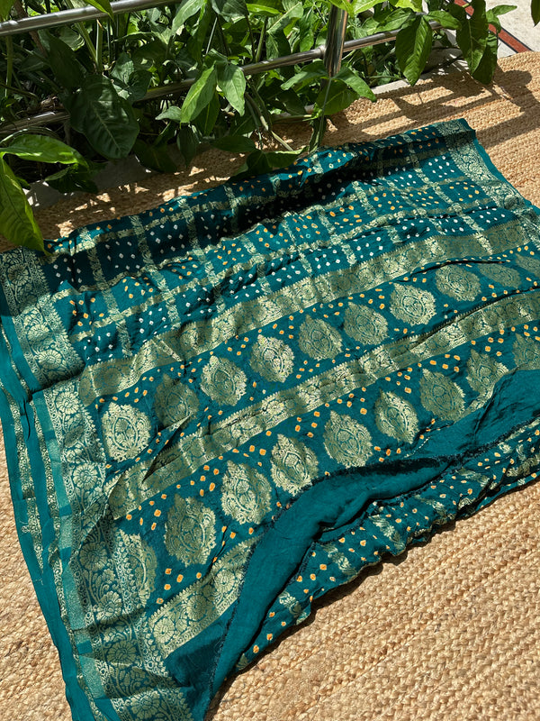 Green Gharchola Bandhani Modal Dola Silk Nakshi Pallu Saree