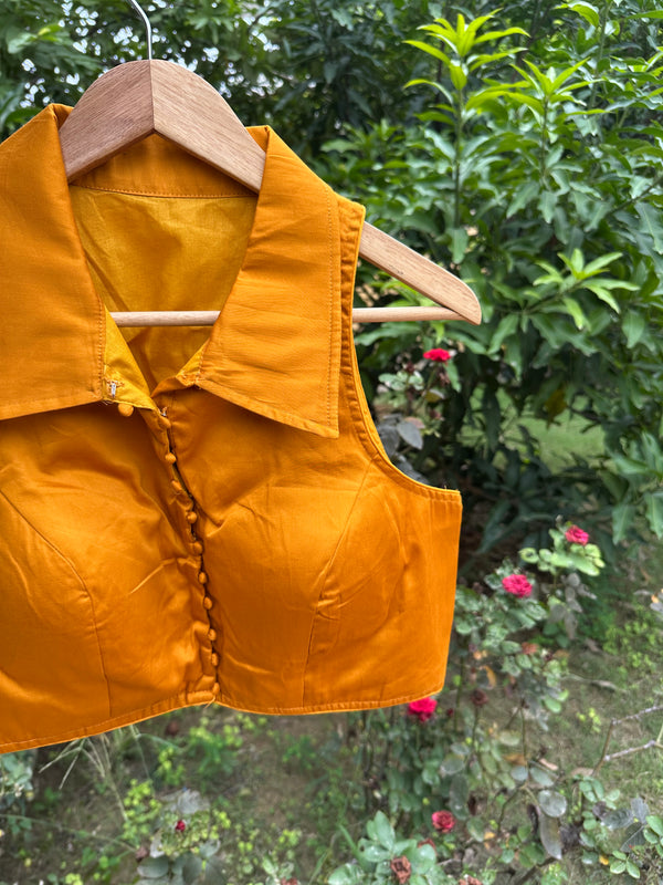 Cotton Silk Halter Collar Blouse (Mustard)