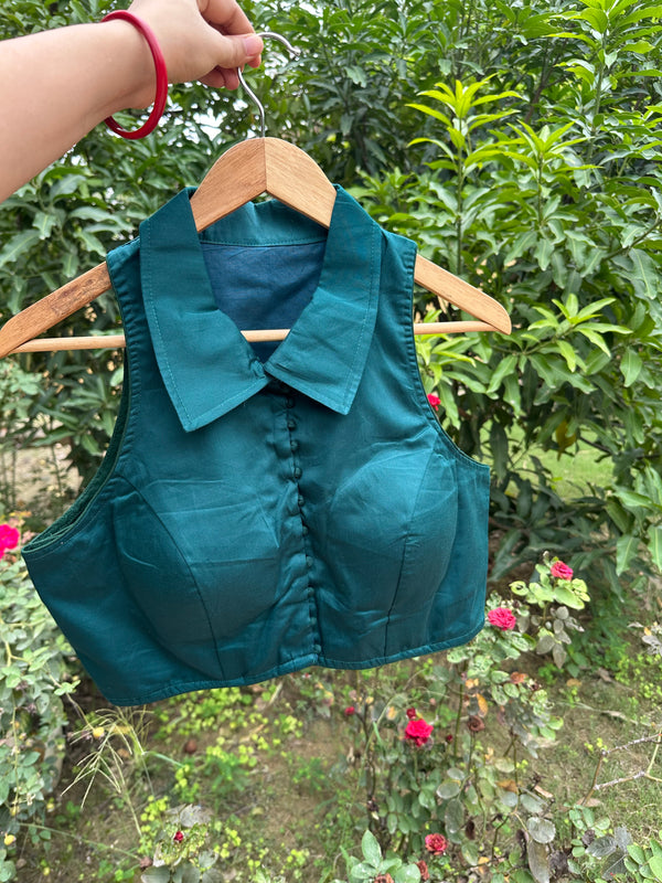 Cotton Silk Halter Collar Blouse (Teal)