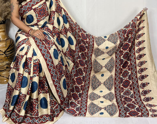 Ivory Shade Ajrakh Modal Silk Saree