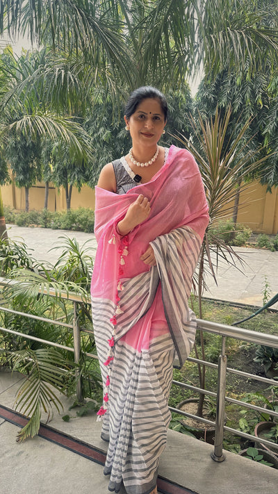 Pink White Striped Mul cotton saree (No Blouse)