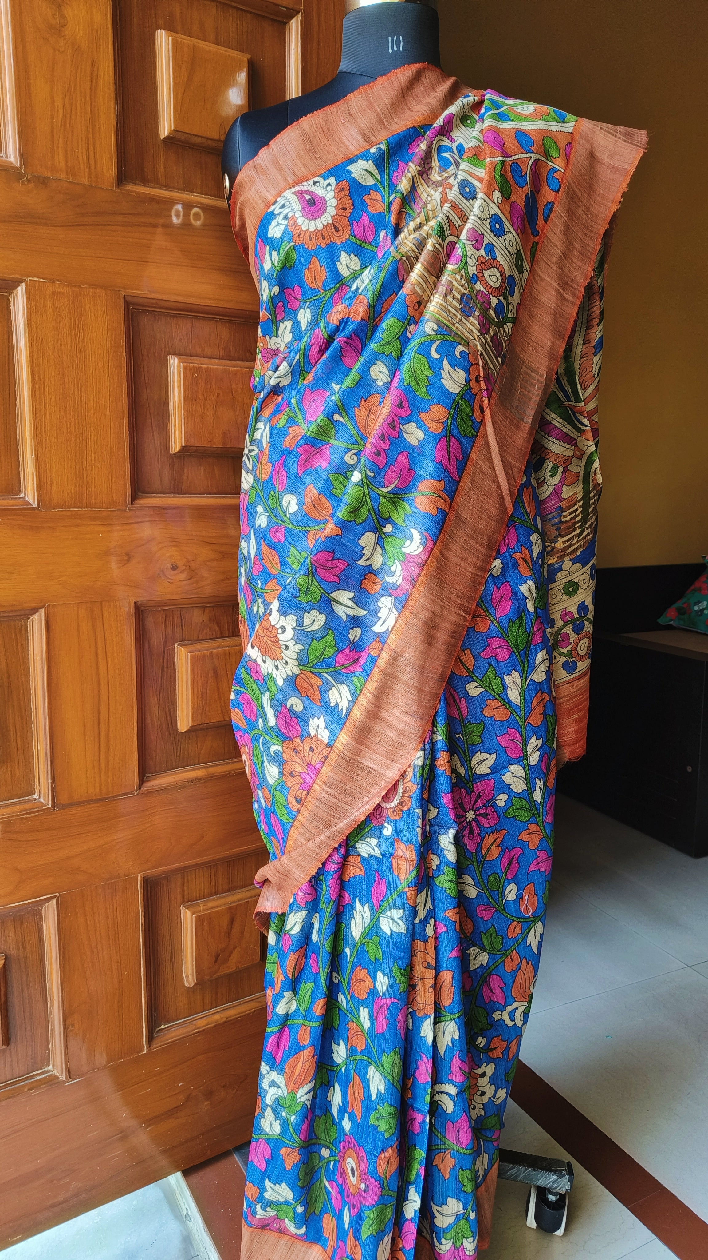 Pebble Kalamkari Sari from Telangana fashion with Printed Flowers All-Over